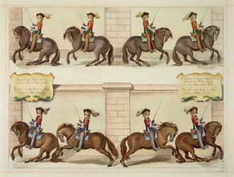 Markisen av Newcastle på hesteryggen demonstrerer dressurtrinn, plate 22 fra 