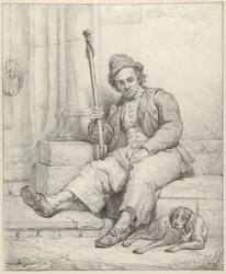 Sittende mann med hund