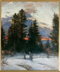 Solnedgang over et vinterlandskap (maleri på lerret)