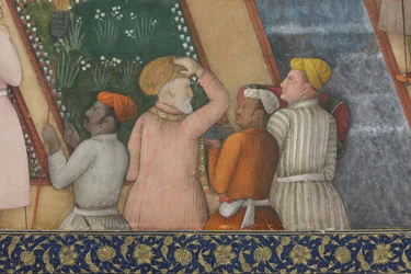 Detalj fra keiser Jahangir med hellige menn i en hage, ca. 1615 (ugjennomsiktig wc og gull på papir)