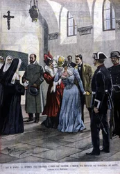 I Madrid blir en ung kvinne, Mademoiselle Ubao, revet ut av livet til en nonne i et kloster der hun var etter forslag fra jesuittene. Illustrasjon av Beltrame. Domenica del corriere. 1901.