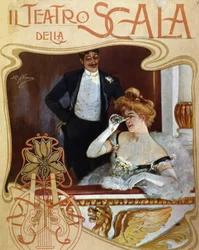 Et par plasser i et omkledningsrom på Teatro alla Scala. Den unge kvinnen observerer scenen med en kikkert. Illustrasjon av Achille Beltrame.
