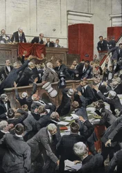 En stormfull sitting i det italienske representantskapet under en budsjettdebatt. MP Chiesa suspenderer avstemningen ved å kaste stemmeurnen. “La Domenica del Corriere”