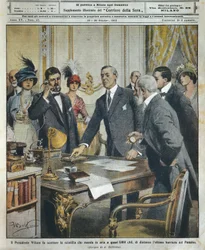 Den amerikanske presidenten Woodrow Wilson utløser telegrafisk sprengningen som fjernet den siste barrieren i Panamakanalen 6000 kilometer unna, fra La Domenica del Corriere