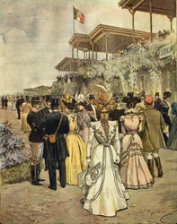 Ved hesteveddeløp i San Siro (Milano), av Achille Beltrame (1871-1945), fra La Domenica del Corriere, 4. juni 1899
