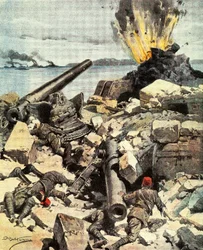 Slaget ved Dardanellene, anglo-fransk flåte ødelegger Dardanellenes fort for å bryte stredet og ankomme Konstantinopel, av Achille Beltrame (1871-1945), illustrasjon fra La Domenica del Corriere, 14.-21. mars