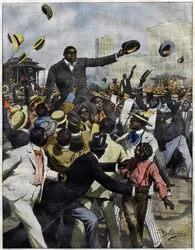 Bokseren Jack Johnson ankom Chicago i 1910. Illustrasjon av Achille Beltrame for La Domenica del Corriere””.