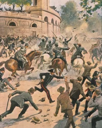 Sammenstøt foran Arena under generalstreik i Milano, illustrasjon av Achille Beltrame fra La Domenica del Corriere, juni 1914