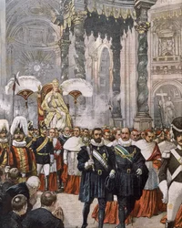 Kroningen av pave Pius 10. i Peterskirken, Vatikanet, illustrasjon av Achille Beltrame fra La Domenica del Corriere