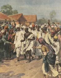 Omslag som illustrerer Gandhi og åtti martyrer på vei mot saltpannen i Jalalpur, illustrasjon