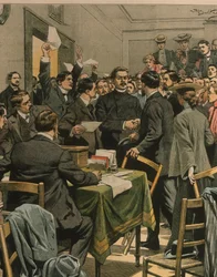 Forsideillustrasjon av Maxim Gorkys ankomst til russiske revolusjonære møte; London, England