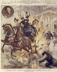 Omslagsillustrasjon av attentatet på storfyrst Sergej Aleksandrovitsj Romanov med en terroristbombe i Moskva, Russland