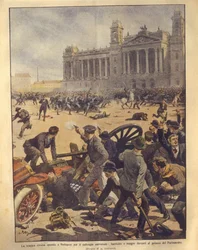 Forsideillustrasjon av kamphandlinger på Parliament Square under Budapest-opprøret