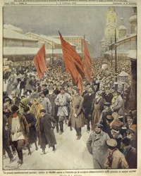 Forsideillustrasjon av hundre tusen arbeidere som marsjerer for å minnes den blodige søndagen i 1905; Sankt Petersburg, Russland
