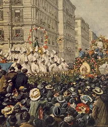 Folkemengder under karneval i Napoli, av Achille Beltrame, illustrasjon, illustratør Achille Beltrame (1871-1945), fra La Domenica del Corriere, 31. januar 1904