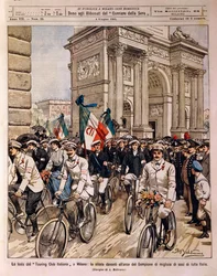 Syklister som paraderer ved Arch of Peace, Italian Touring Club-feiring i Milano, Italia, illustrasjon av Achille Beltrame fra La Domenica del Corriere, 4. juni