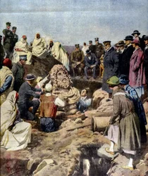 Oppdagelse av en byste av Jupiter ved Sabratha i Libya i 1925. illustrasjon av Achille Beltrame