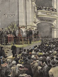 Trekning av Milano-lotteriet i 1907. illustrasjon av Achille Beltrame.