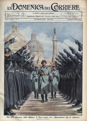 Duce Benito Mussolini inspiserer «musketerene» i Den frivillige militsen for nasjonal sikkerhet i Roma. Illustrasjon av Achille Beltrame i «La Domenica del Corriere», 14/02/1937.