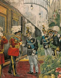 Edward VII, konge av England, ankommer Roma, av Achille Beltrame, illustrasjon, illustratør Achille Beltrame (1871-1945), fra La Domenica del Corriere
