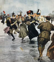 En vogue tidsfordriv, skøyter, illustrasjon av Achille Beltrame (1871-1945), fra La Domenica del Corriere, 27. januar