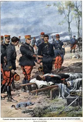 Episode av krigen i 1914: General Noel Edouard de Curieres de Castelnau (1851-1944), sjef for den franske hæren i Lorraine, sverger til liket av sin døde sønn for å hevne ham. Illustrasjon av Achille Beltrame i "" La Domenica del Corriere""