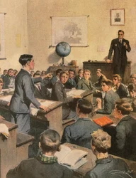 Kamp mot analfabetisme, barn på skolen, av Achille Beltrame, illustrasjon, Illustratør Achille Beltrame (1871-1945), fra La Domenica del Corriere