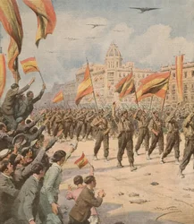 Francos Spania går inn i Madrid med sine seiersflagg, Achille Beltrame (1871-1945) fra La Domenica del Corriere 2. april