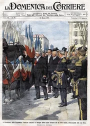 Den franske presidenten Armand Fallieres (1841 - 1931) overrekker medaljen til Æreslegionen til en helt som døde i kamp. ill. de Beltrame. La Domenica del Corriere. 31.03.1907.