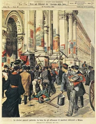 Stortingsvalg i Milano: konfrontasjoner mellom mennesker som henger politiske plakater i Milano, av Achille Beltrame (1871-1945), fra La Domenica del Corriere