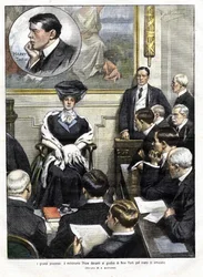 Harry Thaws rettssak i New York i 1907. Harry Thaw, sønn av en familie av storindustrielle, drepte i 1906 arkitekten Stanford White, tidligere elsker til hans kone Evelyn. Forside av Domenica del Corriere 3. mars 1907, illustrasjon av Achille Beltrame
