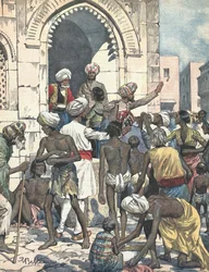 India. Tørke forårsaker epidemier. Matdistribusjon. Illustrert av Antonio Beltrame. "La domenica del Corriere"". 26. februar