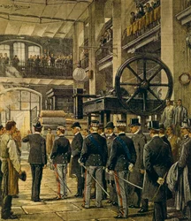 Kong Vittorio Emanuele III besøker fabrikker i Milano, av Achille Beltrame (1871-1945), fra La Domenica del Corriere, 8. oktober 1905