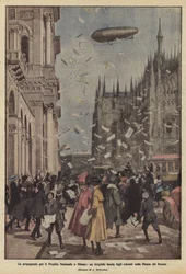 Propagandaen for det nasjonale lånet i Milano, et luftskip lanserer fargede ark på Piazza del Duomo