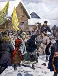 Overtro i Russland: politiet prøver å spre sekten av nye kristne. Illustrasjon av Beltrame. Domenica del corriere. 1901.