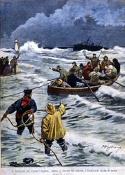 Senkingen av dampbåten Planier nær Bouches du Rhône: redningsmennene bringer tilbake passasjerene. Illustrasjon av Beltrame. Domenica del corriere. 1901.