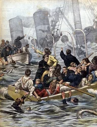 Maritime dramaer: senkingen av rutebåten Wallawalla lastet med gullgravere fra Klondike. Illustrasjon av Beltrame. Domenica del corriere. 1902