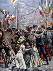 Italias suverene i Paris: populære baller i gatene. Illustrasjon av Beltrame. Domenica del corriere. 1903.
