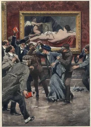 Mary Richardson (1889-1961), kanadisk suffragetteaktivist, skjærer med en kniv i maleriet «Rokeby Venus» av maleren Don Diego Velázquez i et rom på National Gallery i London. Illustrasjon av Achille Beltrame til «La domenica del corriere». 191