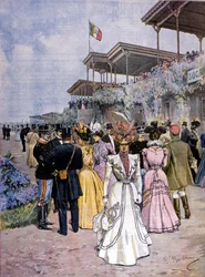 Milano: hesteveddeløp på veddeløpsbanen San Siro: utdeling av handelsprisen (Premio del commercio). Illustrasjon av Beltrame. Domenica del corriere. 1899.