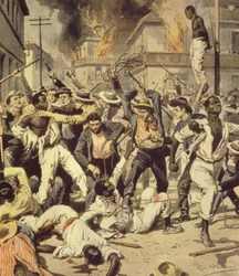 Pøbel som jakter på svarte mennesker i Springfield, Illinois, Achille Beltrame (1871-1945), fra La Domenica del Corriere, august 1908