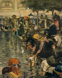 Pilgrimsreise til Caravaggio: Bading i mirakuløse farvann, av Achille Beltrame (1871-1945), fra La Domenica del Corriere