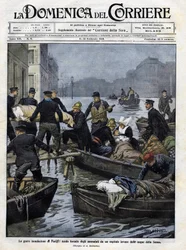 Rescue of the sick in Paris during the February 1910 floods. Cover of the “” domenica del corriere”””.13 February 1910 illustration by Achille Beltrame