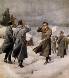 Gjenopptagelse av krigen, tyrkisk parlamentariker som ankommer den bulgarske leiren med melding om slutten av våpenhvilen, av Achille Beltrame (1871-1945), illustrasjon fra La Domenica del Corriere, 9. februar