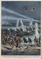 Andre kinesisk-japanske krig (1937-1945): "Den japanske hæren krysser Huto-elven nær Pingshang, under kinesisk bombing." Illustrasjon av Achille Beltrame fra "La domenica del corriere"" av 17/10/1937.