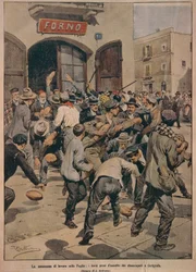 Alvorlig mangel på arbeid i Apulia, ovner stormet av arbeidsledige fra Cerignola, illustrasjon av Achille Beltrame (1871-1945), fra La Domenica del Corriere, 20. desember 1908