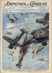 Den spanske borgerkrigen: Luftkamper mellom republikanske og nasjonalistiske fly over det krigsherjede Spania. Illustrasjon ved Achille Beltrame i «La domenica del Corriere» av 20/06/1937.