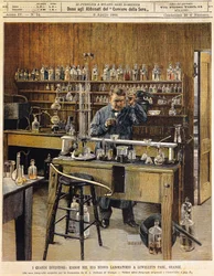 Den amerikanske oppfinneren Thomas Ava Edison (1847-1931) i sitt nye laboratorium i Lewellein Park, Illustrasjon av Achille Beltrame (1871-1945), La Domenica del Corriere