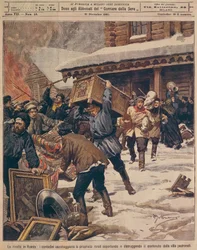 Den russiske revolusjonen: Bønder plyndrer eiendommer til landlige rike, av Achille Beltrame (1871-1945), fra La Domenica del Corriere, desember 1905