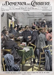 Maxim Gorkis ankomst til møterommet på kongressen i London etter revolusjonen i 1905 i Russland. Omslag av La Domenica del Corriere fra 26.05.1907.